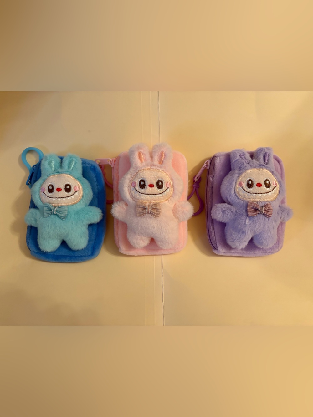 3 Labubu inspired plush coin purse keychain Coin Pouches - Blue, Pink, Lavender